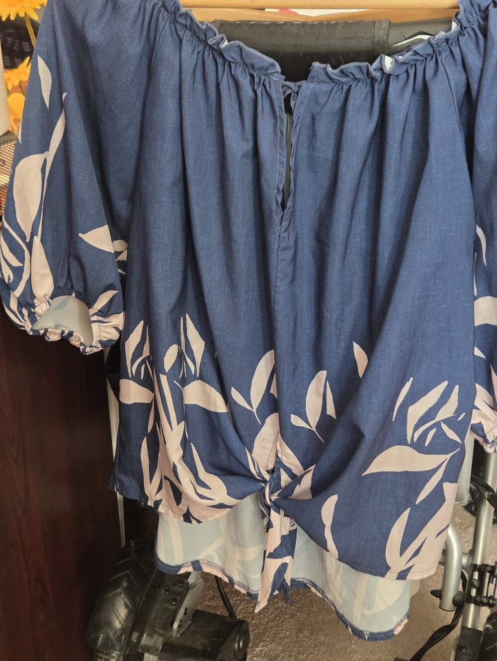 CHICME Navy Blue Peasant Tunic with Beige Leaf Print boho flowy boho LG cotton
